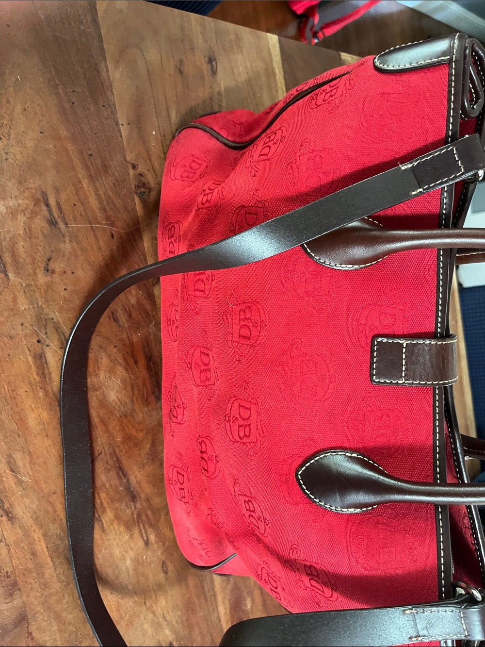 Dooney & Bourke Red Duffel with Brown Leather Trim - Picture 2 of 4